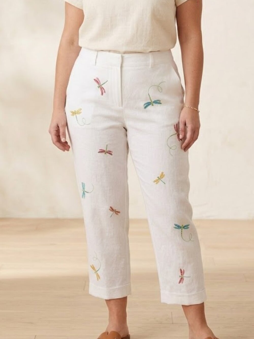 NWT Paraphrase linen dragonfly embroidered capri / crop pants sz 10